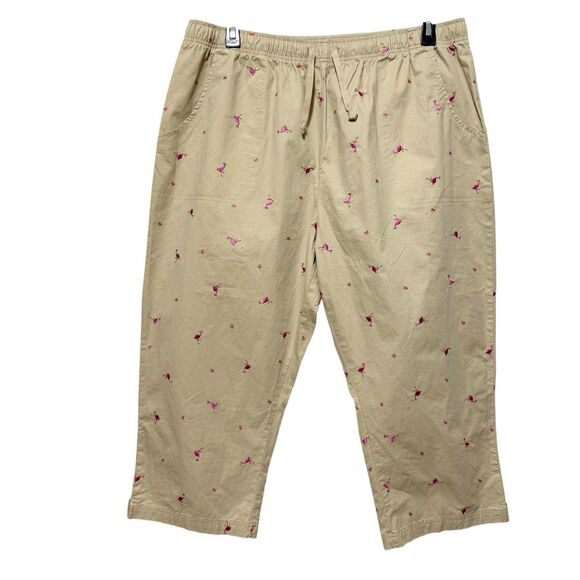 Basic Editions 1X Brown Pink Flamingo Embroidered Cropped Capri Pants Cotton - Picture 1 of 11